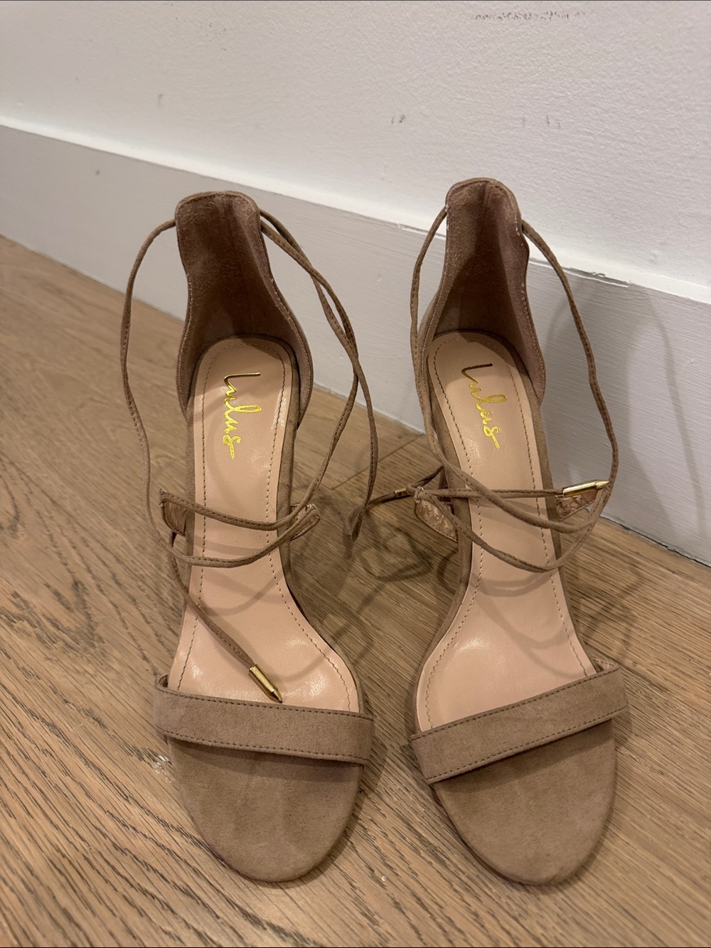 Lulu's Tan Suede Wrap Ankle Heels